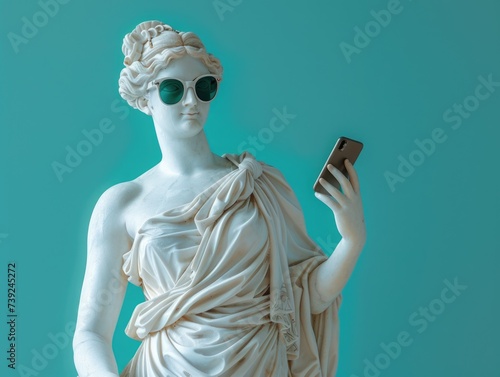 greek woman statue smiling, holding iphone 14 pro, wearing cool sunglasses, isolated breen and blue background 