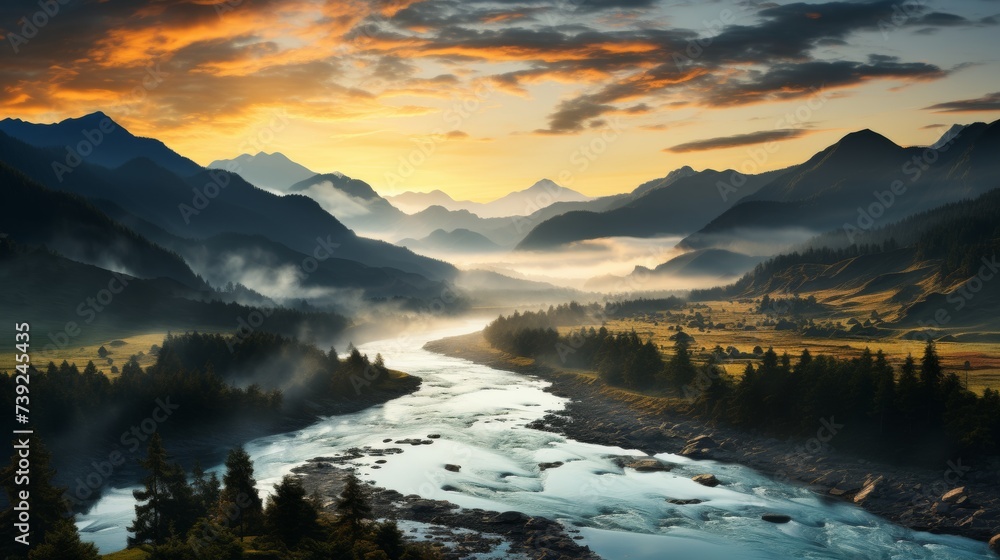 Majestic mountain range at sunrise, peaks illuminated by the first light, valleys shrouded in mist, a sense of grandeur and awe, Photography, panorami