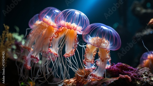 Jellyfish floating elegantly in deep blue water, translucent body and tentacles visible, creating a sense of calm and otherworldliness, Photorealistic © ProVector