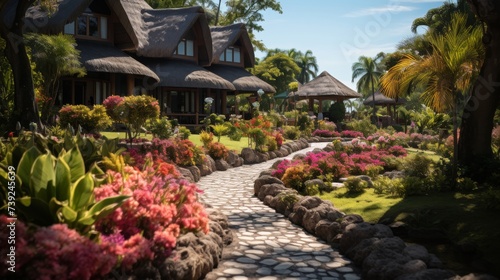 Thatched-roof cottages in a lush garden setting, colorful flowers and well-tended lawns, showcasing the quaint and picturesque aspect of village life,