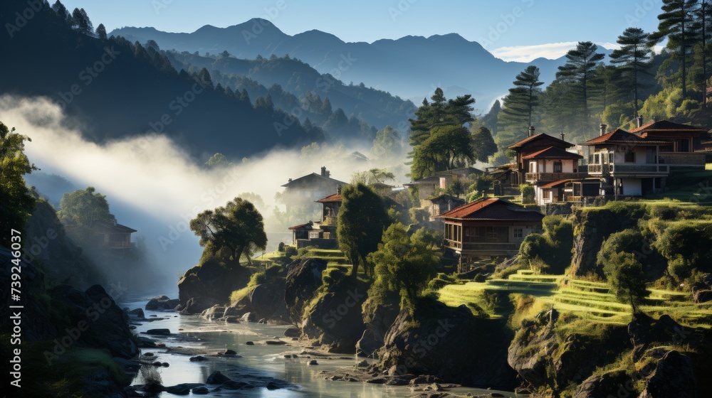 Small mountain village at dawn, houses with traditional architecture, mist in the valleys, conveying the community and culture in high-altitude living