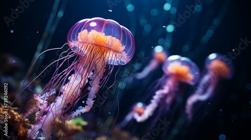 Jellyfish floating elegantly in deep blue water  translucent body and tentacles visible  creating a sense of calm and otherworldliness  Photorealistic