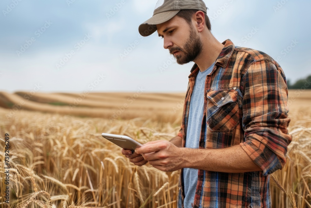 A man with a gadget in a wheat field. A farmer in a wheat field. A man with a gadget in a wheat field. A farmer in a wheat field.
