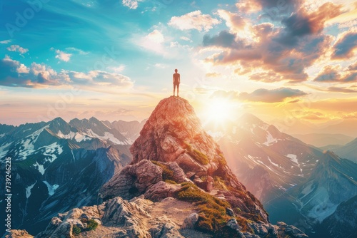 sunrise over the mountains. A man stands on the top of a mountain against the background of the shining sun. Concept: victory, feeling of freedom, achieving goals, overcoming difficulties, emotions of
