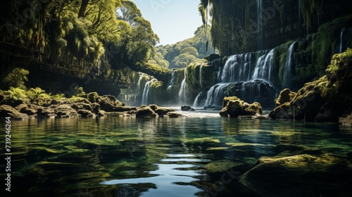 Majestic waterfall cascading into a crystal-clear pool, lush greenery surrounding, mist rising, capturing the power and beauty of natural waterfalls,