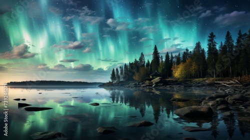 Northern lights (Aurora Borealis) over a frozen lake, reflections on the ice, pine trees in the foreground, capturing the ethereal beauty of polar ski