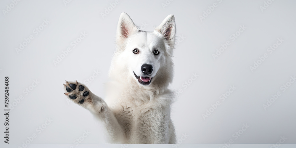 White shepherd dog with a raised paw on a light background. Advertising banner layout for a veterinary clinic or pet store.