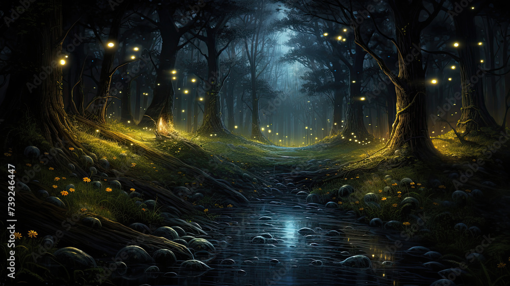 Orange glowing fireflies in a foggy mystical forest with a lake.