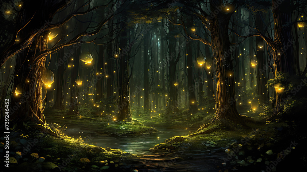 Yellow glowing fireflies in a foggy magical forest.