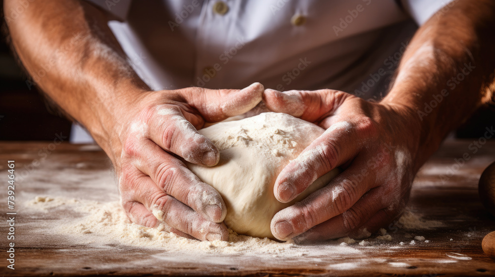 Close-up of a male baker's hand making dough on a wooden board.
