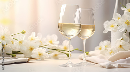 Two glasses of white wine with orchid flowers on a restaurant table. Spring alcoholic drinks banner layout.