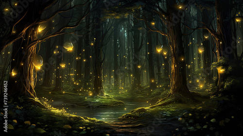 Yellow glowing fireflies in a foggy magical forest.