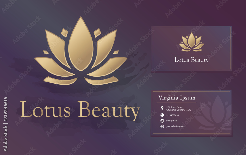 Obraz premium Beauty or spa salon, yoga, wellness, meditation logo with business card design. Lotus luxury gold flower matte vector logo