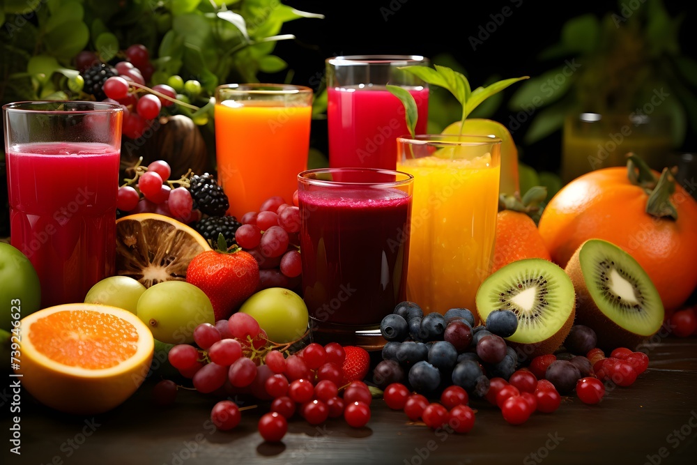 Freshly squeezed glasses of vibrant fruit and berry juices surrounded by a colorful assortment of ripe fruits. Concept Fruit Juice, Vibrant Colors, Fresh Fruits, Healthy Drinks, Juicy Beverages Freshly squeezed glasses of vibrant fruit and berry juices surrounded by a colorful assortment of ripe fruits. Concept Fruit Juice, Vibrant Colors, Fresh Fruits, Healthy Drinks, Juicy Beverages