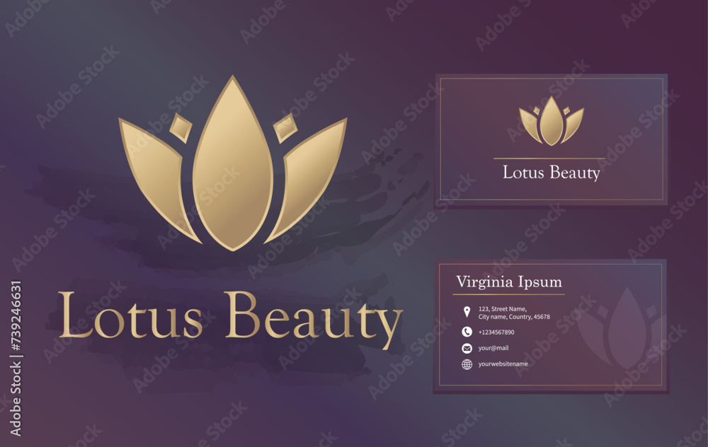 Obraz premium Beauty or spa salon, yoga, wellness, meditation logo with business card design. Lotus luxury gold flower matte vector logo