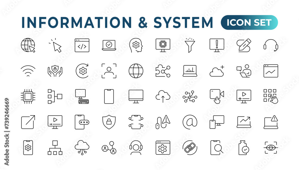 Global Connection, Cloud Data Technology Services, Information Line Icons. Programming coding set of web icons. Software development for and mobile app. Code,  information technology, coder more.