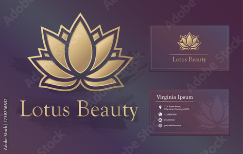 Beauty or spa salon, yoga, wellness, meditation logo with business card design. Lotus luxury gold flower matte vector logo