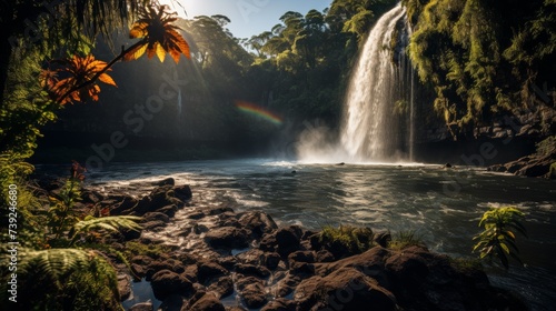 Vibrant rainbow arching over a cascading waterfall  lush greenery surrounding  mist in the air  showcasing the harmony and color of natural spectacles