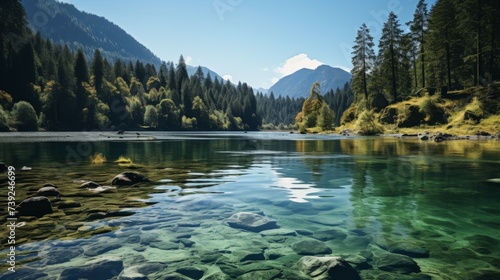 Panoramic shot of a tranquil lake surrounded by forest, reflections on the water, showcasing the peace and symmetry of natural scenery, Photorealistic