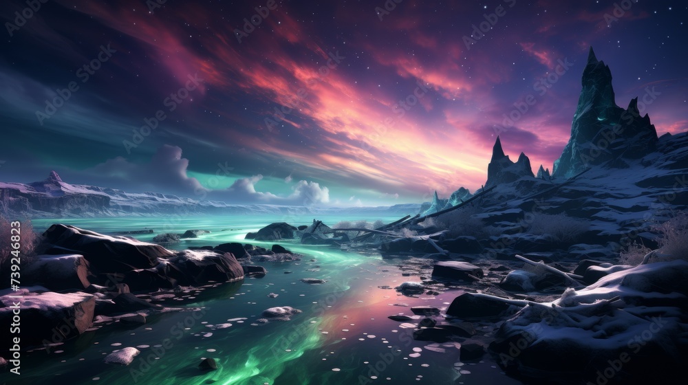 Northern lights (Aurora Borealis) over an icy landscape, vibrant green and purple hues, capturing the ethereal beauty of polar skies, Photorealistic,