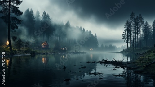 Misty morning at a forest lake, fog hovering over the water, eerie yet beautiful atmosphere, subdued colors, Photography, low light capture with a hig