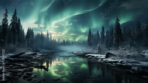 Northern lights (Aurora Borealis) over a frozen lake, reflections on the ice, pine trees in the foreground, capturing the ethereal beauty of polar ski © ProVector