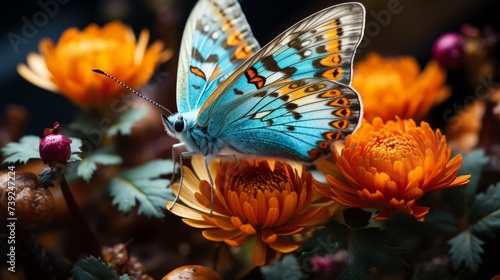 Macro shot of a butterfly on a vibrant flower, detailed textures of the wings, colorful petals, conveying the delicate interaction of insects and flor