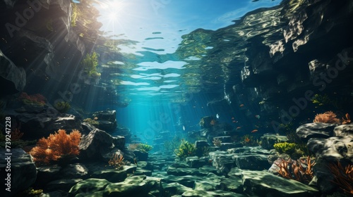Sunlight filtering through the water onto a coral reef  highlighting the textures and colors of the corals  tranquil and pristine ocean environment  P