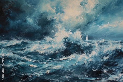 Abstract depiction of a stormy sea with crashing waves and a distant lighthouse, conveying the turbulence of emotional storms and the hope for calmer waters photo