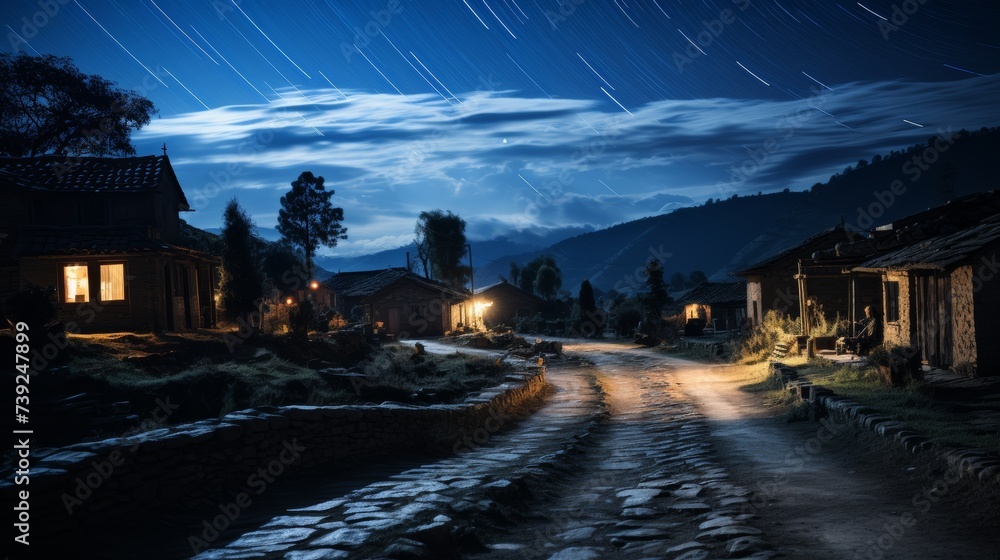 Obraz premium Night in a secluded village, starry sky above, houses dimly lit, a sense of solitude and calm, Photography, astrophotography techniques, long exposure
