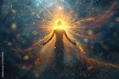 Abstract visualization of a person's aura radiating with rays of creativity, symbolizing the expansive and innovative nature of human potential photo