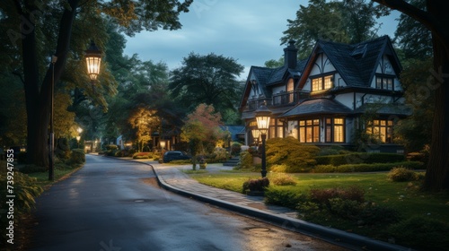 Quiet residential street at twilight, street lamps lit, houses with warm lights from windows, showcasing the peaceful and close-knit suburban communit © ProVector