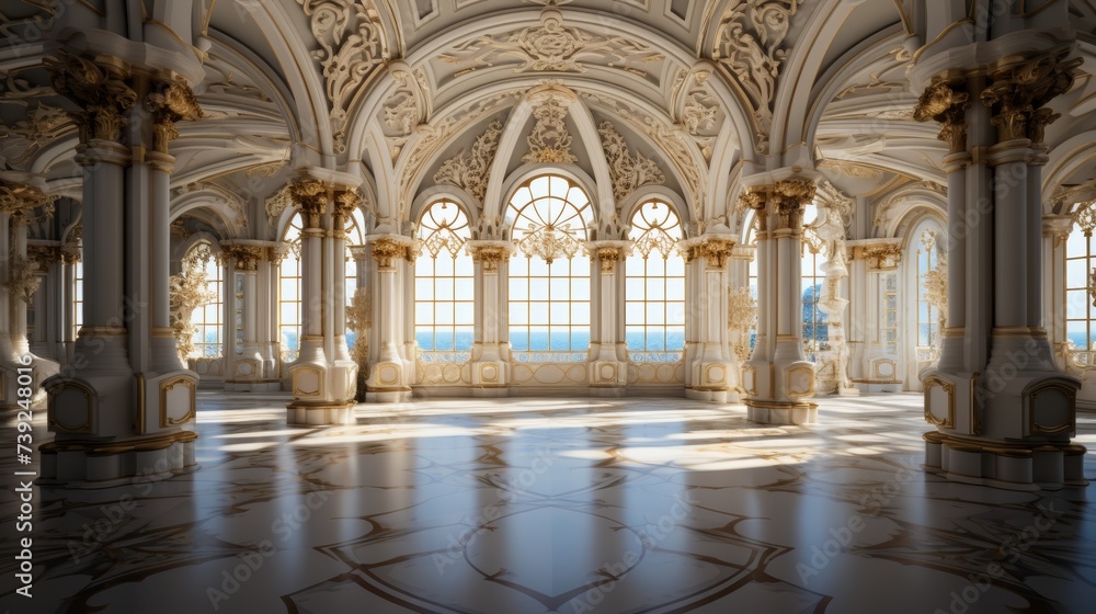 Grandiose interior of a historic building, intricate details, ornate ceilings and columns, showcasing the elegance of classical architecture, Photogra