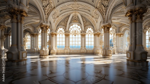 Grandiose interior of a historic building, intricate details, ornate ceilings and columns, showcasing the elegance of classical architecture, Photogra