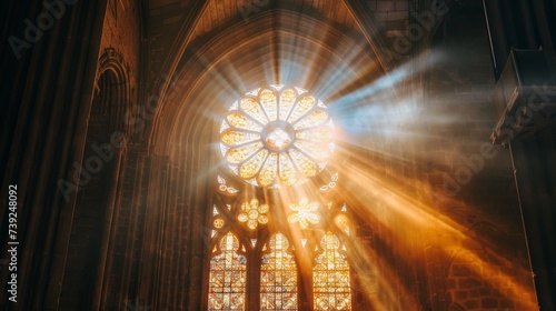 Sunlight streaming through a cathedrals rose window illuminating stories