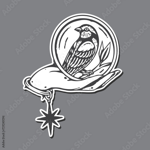 Bird With Hand In Old School Grunge Style.