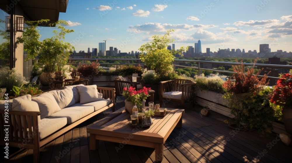 Urban rooftop garden with potted plants, seating area, and city views, showcasing the integration of green spaces in urban environments, Photorealisti Urban rooftop garden with potted plants, seating area, and city views, showcasing the integration of green spaces in urban environments, Photorealisti