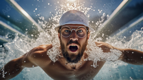 An athletic Professional male swimmer, wearing safety glasses, jumps into a pool with splashes of water, participates in competitions, trains. Sports, Health, Hobbies, Active recreation concepts.