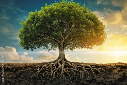 Artistic representation of a tree with roots delving into historical events and branches reaching into the future, symbolizing the interconnectedness of past and future