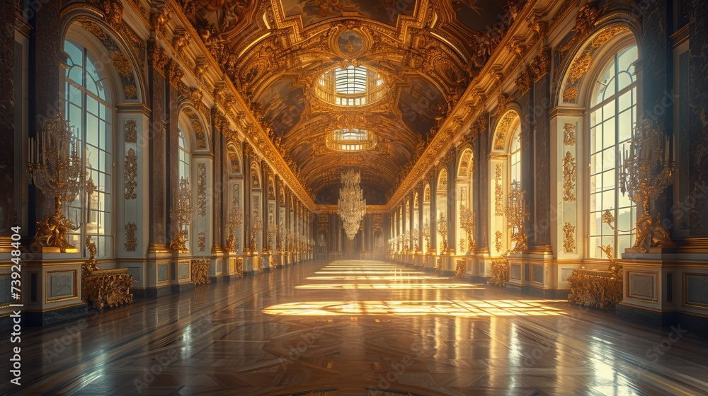 Interior view of a luxurious hall with rich gold decorations, ceiling frescoes and rows of arched windows Concept:, historical articles, publications on heritage buildings, architecture and interior d