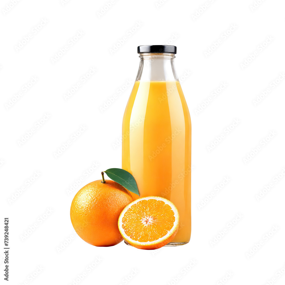 Orange juice in glass bottle, isolated background. Transparent PNG Orange juice in glass bottle, isolated background. Transparent PNG