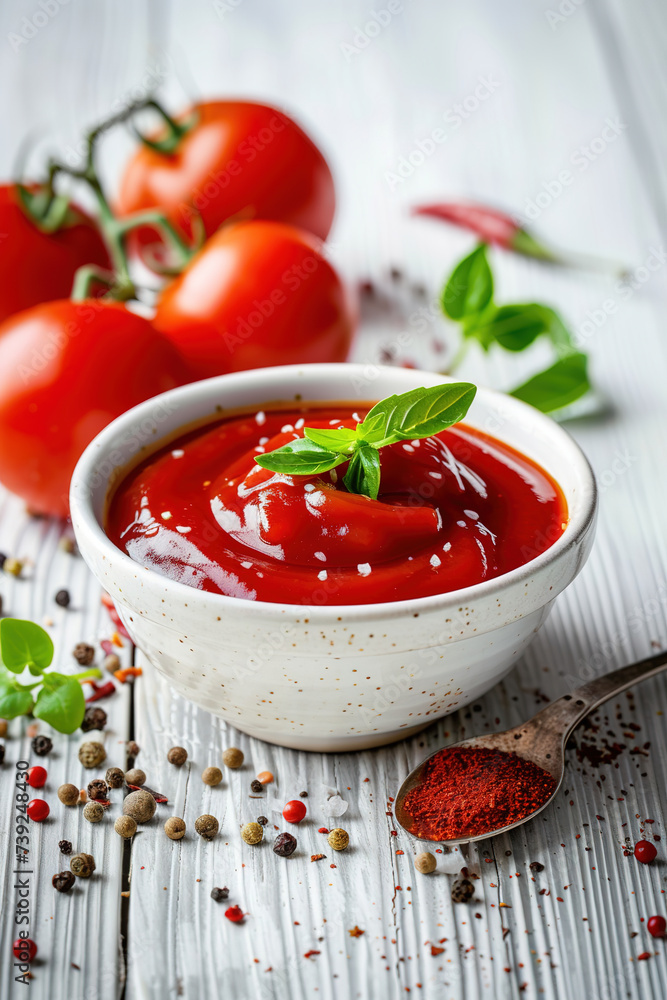 Bowl of tangy tomato condiment, featuring ripe tomatoes and a blend of savory spices, resting on a clean white wooden backdrop. Bowl of tangy tomato condiment, featuring ripe tomatoes and a blend of savory spices, resting on a clean white wooden backdrop.