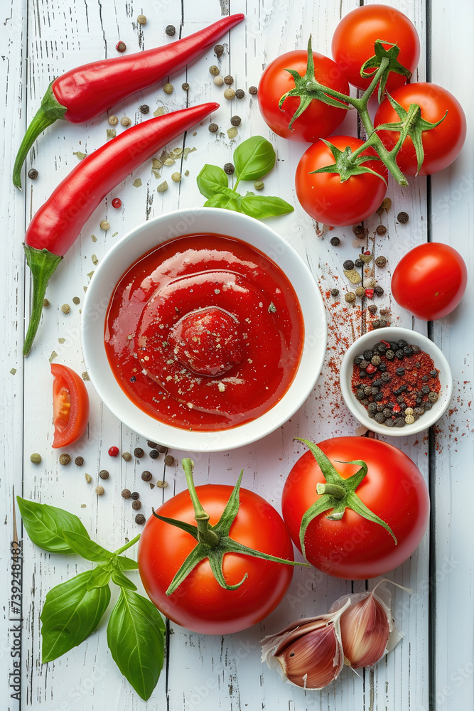 Bowl of zesty tomato relish with diced tomatoes and aromatic spices on a white wooden background Bowl of zesty tomato relish with diced tomatoes and aromatic spices on a white wooden background