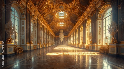 Interior view of a luxurious hall with rich gold decorations  ceiling frescoes and rows of arched windows Concept   historical articles  publications on heritage buildings  architecture and interior d