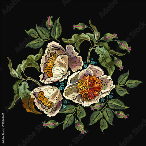 Yellow peonies flowers. Embroidery floral style. Fashion summer garden template for clothes, t-shirt design