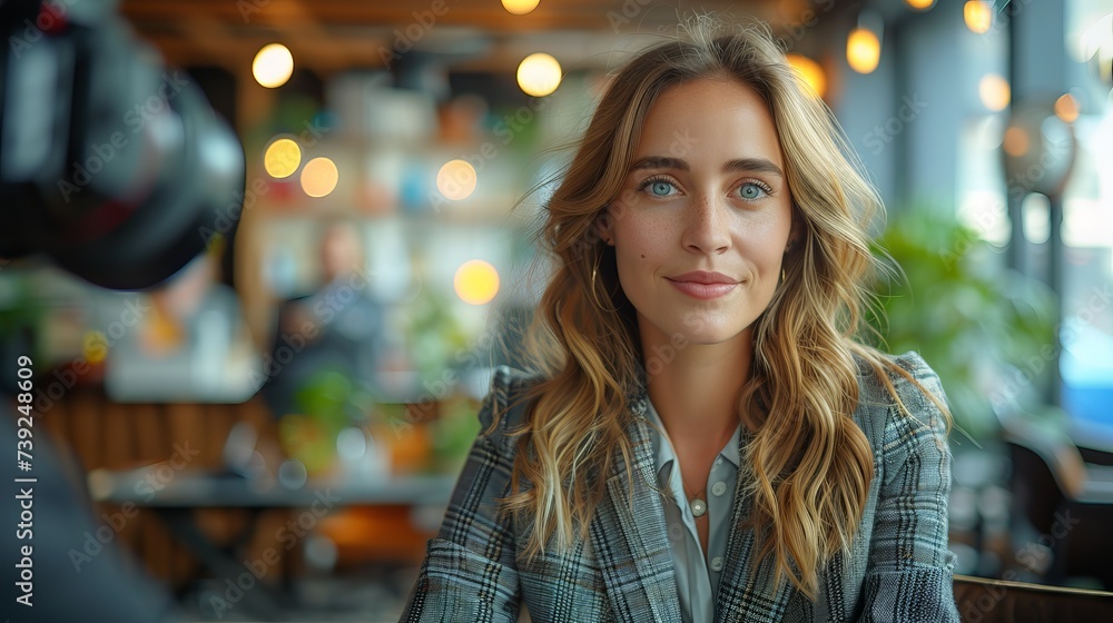 A young woman with a smile participates in a video interview, sitting in a cozy environment. Concept: materials about media, influence on social networks, personal interviews. A young woman with a smile participates in a video interview, sitting in a cozy environment. Concept: materials about media, influence on social networks, personal interviews.