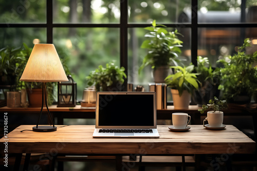 Wallpaper Mural Workspace with laptop computer empty screen and office supply on wooden table Torontodigital.ca