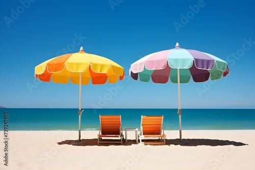 Colorful beach umbrella stands out against beach backdrop with sun loungers. Concept Beach Photography, Colorful Umbrella, Sun Loungers, Summer Vibes