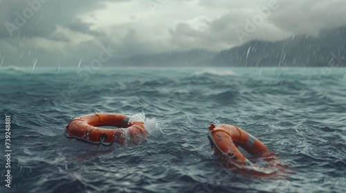 Lifebuoy floating on sea in storm weather, There was a person's hand immersed in water next to it. World Rescue day © ND STOCK