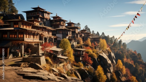 Peaceful Buddhist monastery in the mountains, traditional architecture, prayer flags fluttering, serene natural surroundings, symbolizing spirituality photo